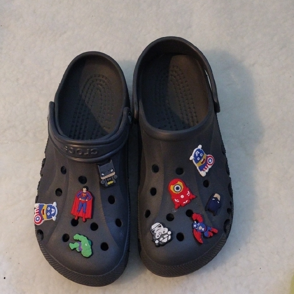 Crocs Unisex Gray And  Black Clogs with Fun Charms